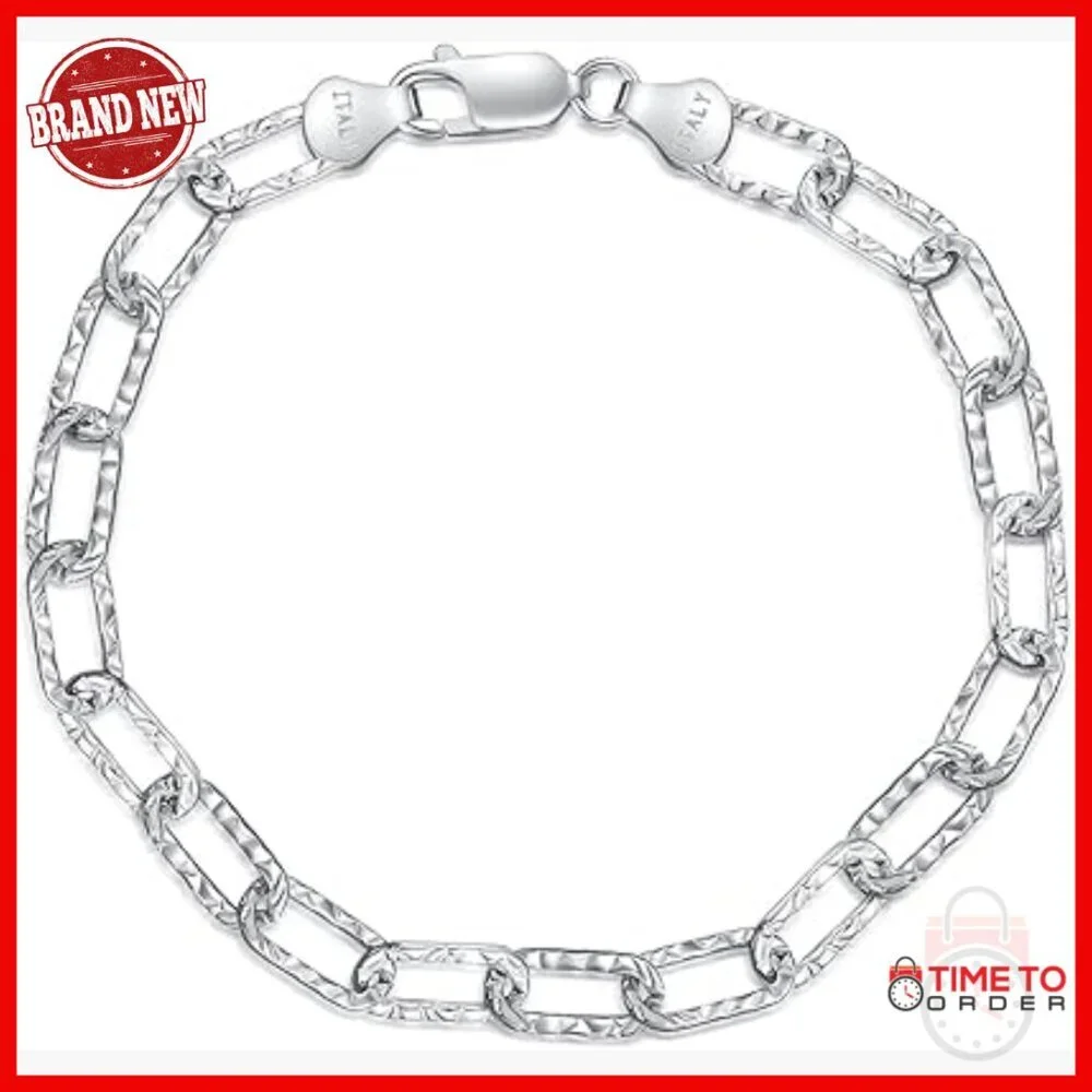 925 Sterling Silver Paperclip Chain Bracelet 7 Inch Lobster Clasp Unisex